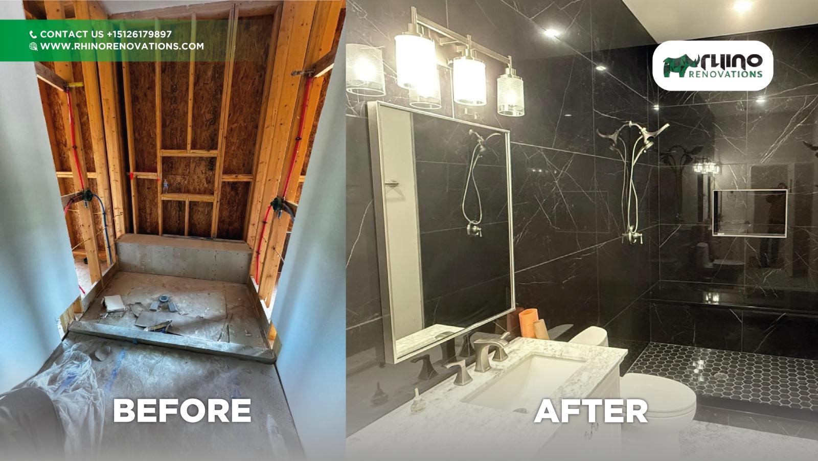 Before and after of a full bathroom remodel: a dated tub and tile surround rebuilt into a dark-tiled walk-in shower.