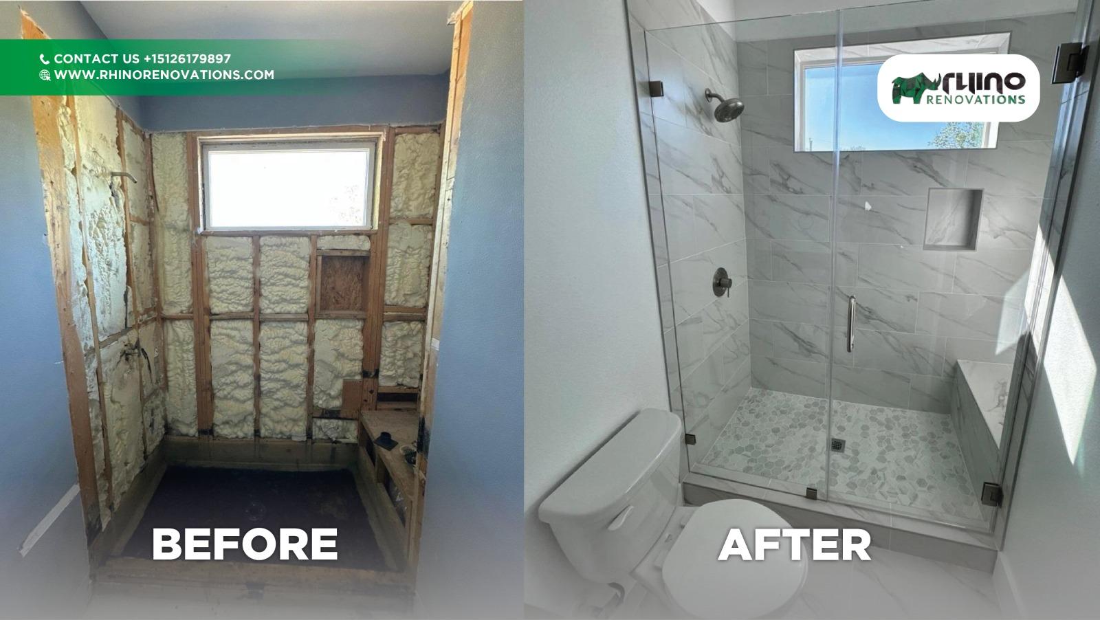 Before and after of a shower rebuilt from the studs with a glass enclosure.