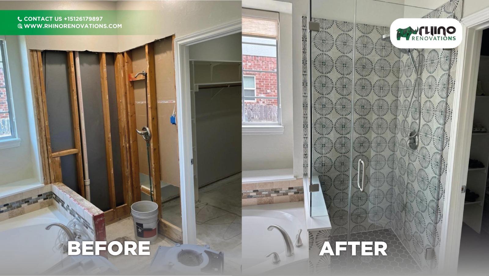 Before and after of a bathroom refreshed with new patterned floor tile and vanity.