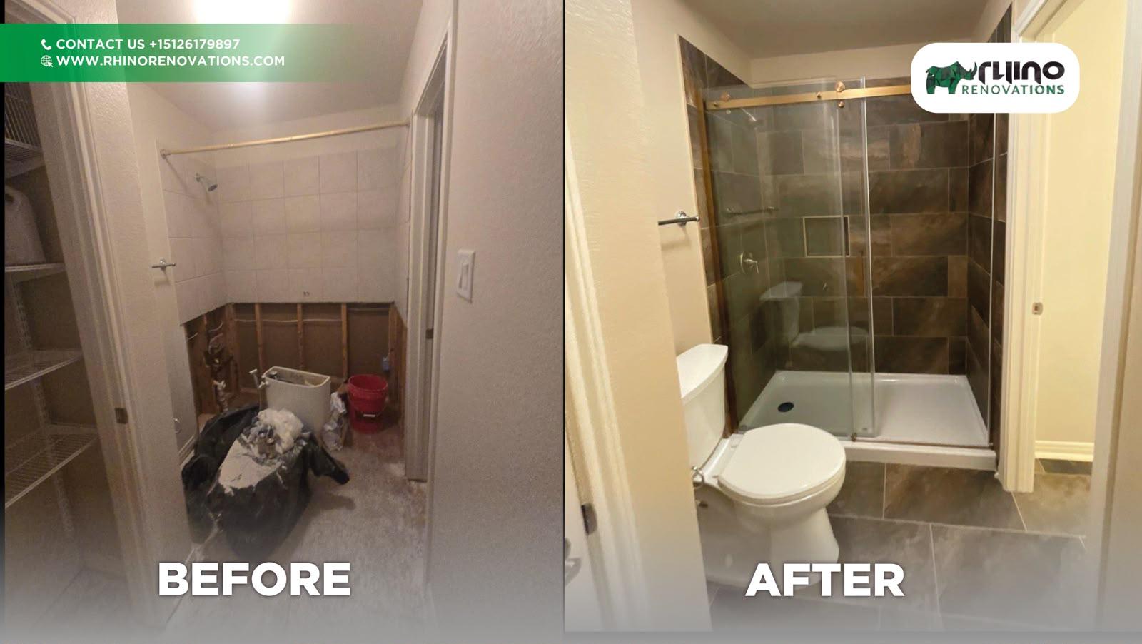 Before and after of a tub-to-shower conversion, finished as a tiled walk-in shower.