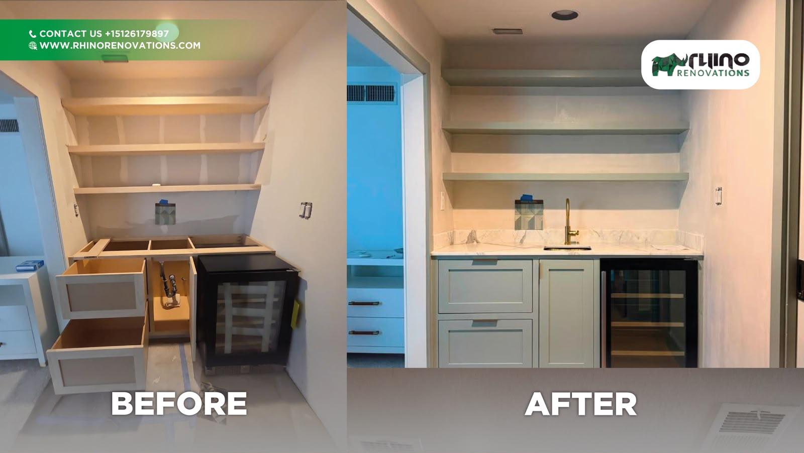 Before and after of a built-in bar and shelving framed, drywalled and finished.