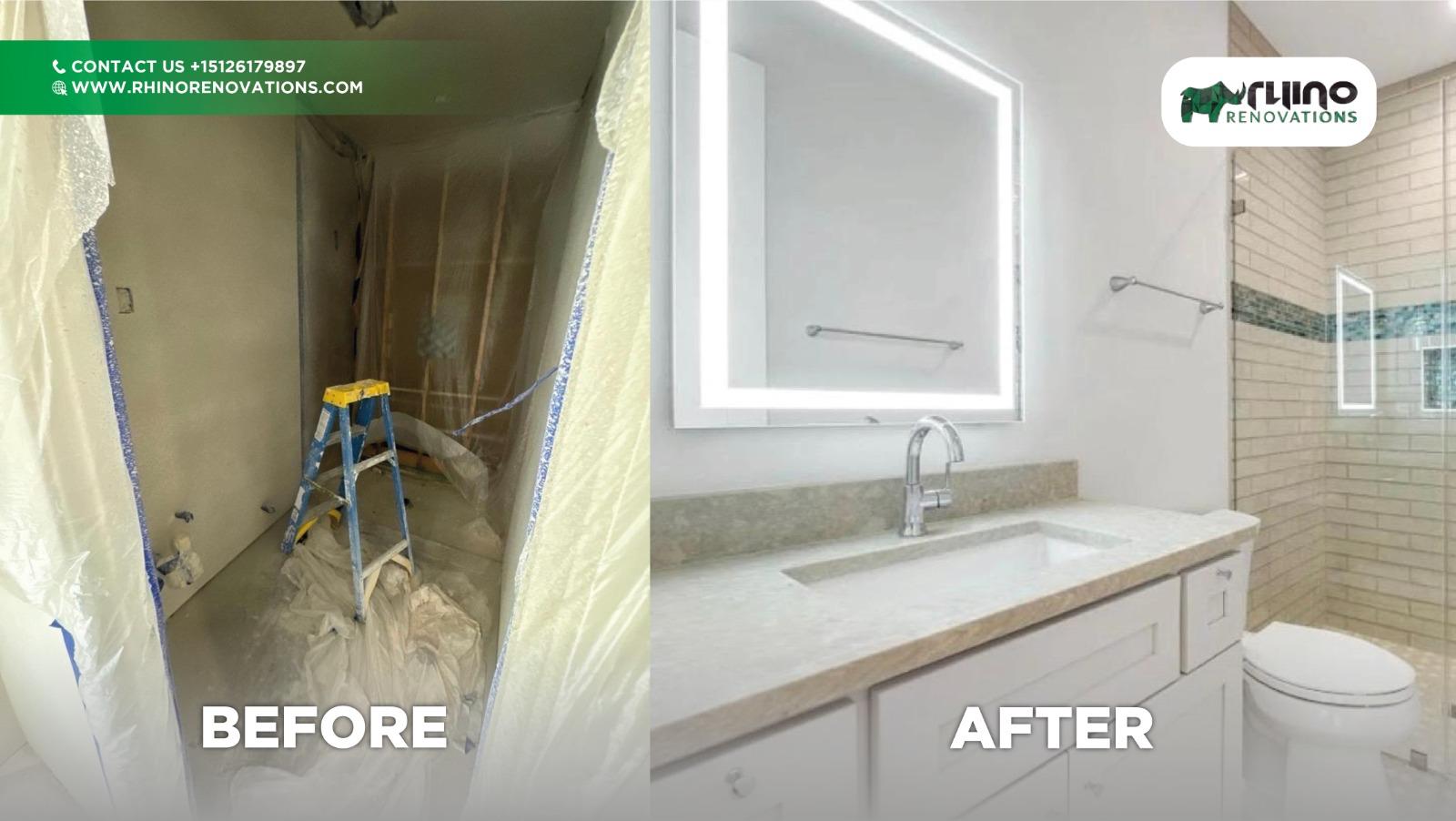 Before and after of drywall and ceiling repair around a bathroom vanity.